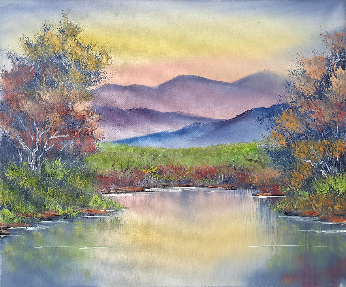 Bob Ross painting of distant mountains with a lake and cabin in the foreground