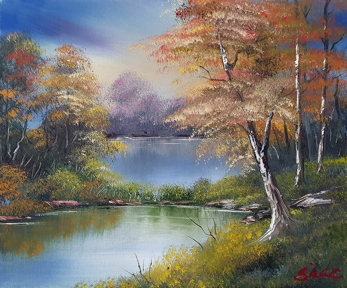 Bob Ross painting of distant mountains with a lake and cabin in the foreground